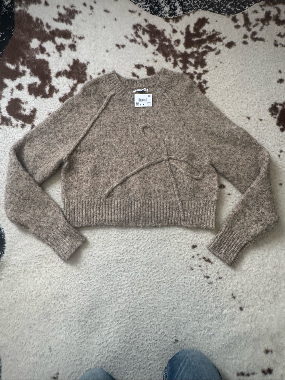 American Eagle Outfitters Taupe Cropped Bow-Accent Knit Sweater
